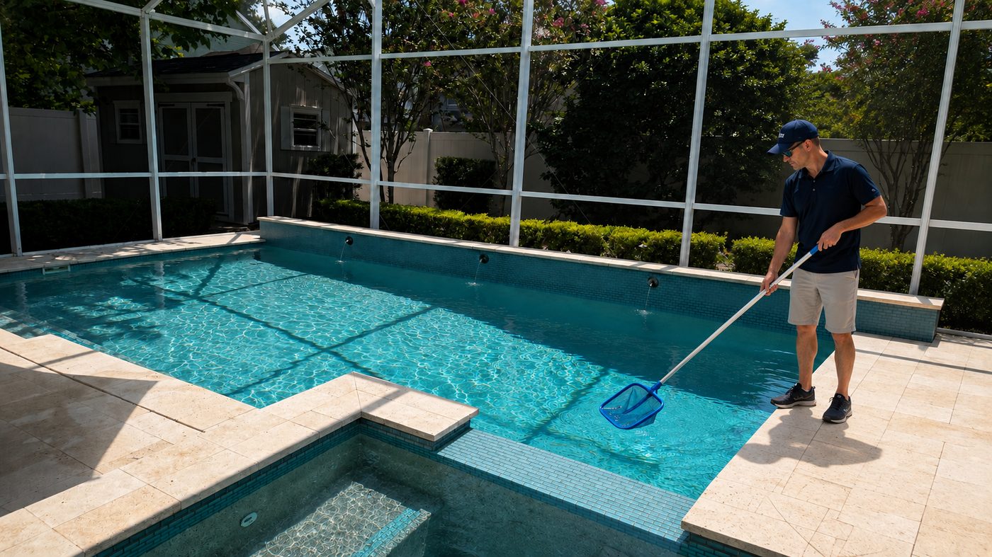 FJ Pool Services technician cleaning a residential pool in Orlando, FL